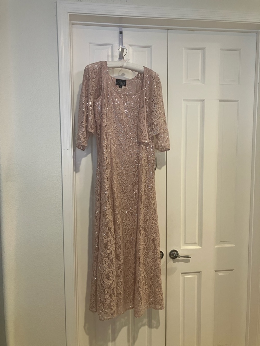 Sequin Lace A-Line Dress with 3/4 Sleeve Illusion Jacket, 14, Shell Pink